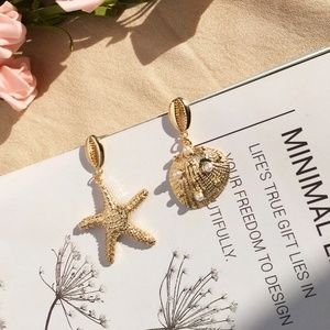 14K Gold Plated Shell Drop Earrings Starfish Clam